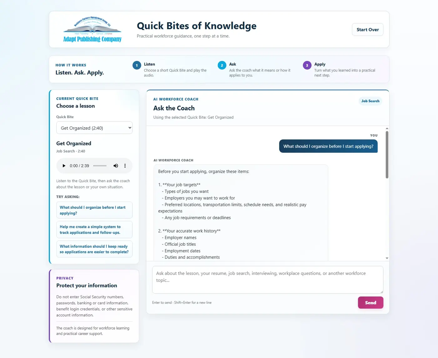 Quick Bites demo showing an audio lesson beside an AI Workforce Coach conversation